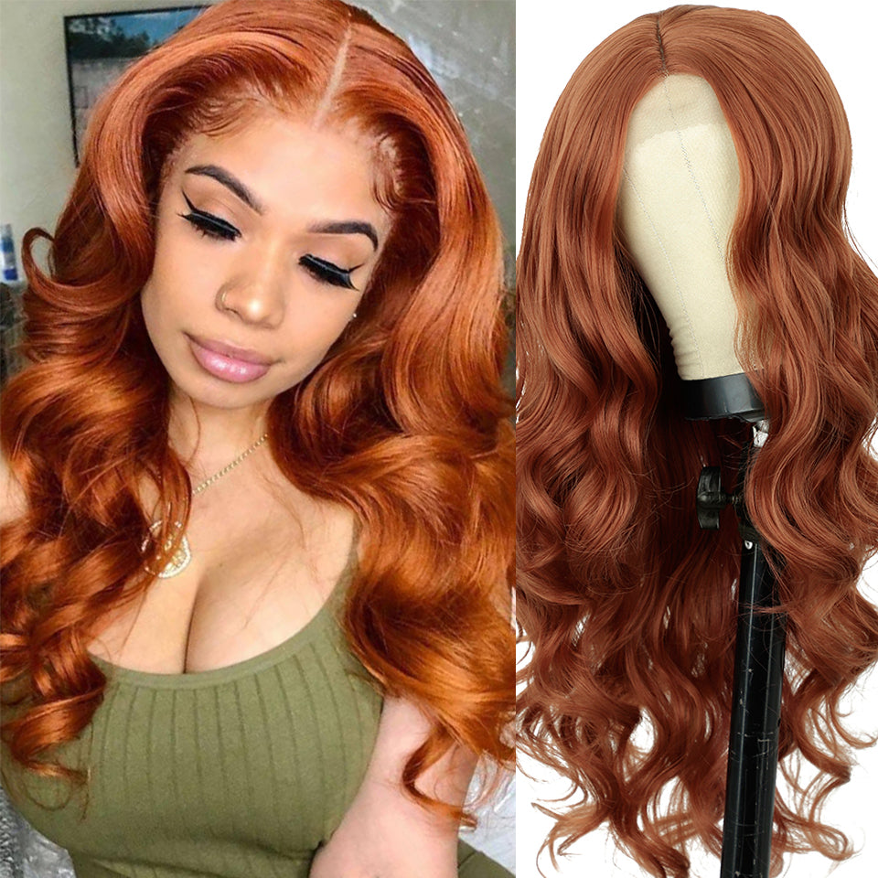 Women's Orange Medium Wavy Curly Synthetic Fiber Wig Head Cover