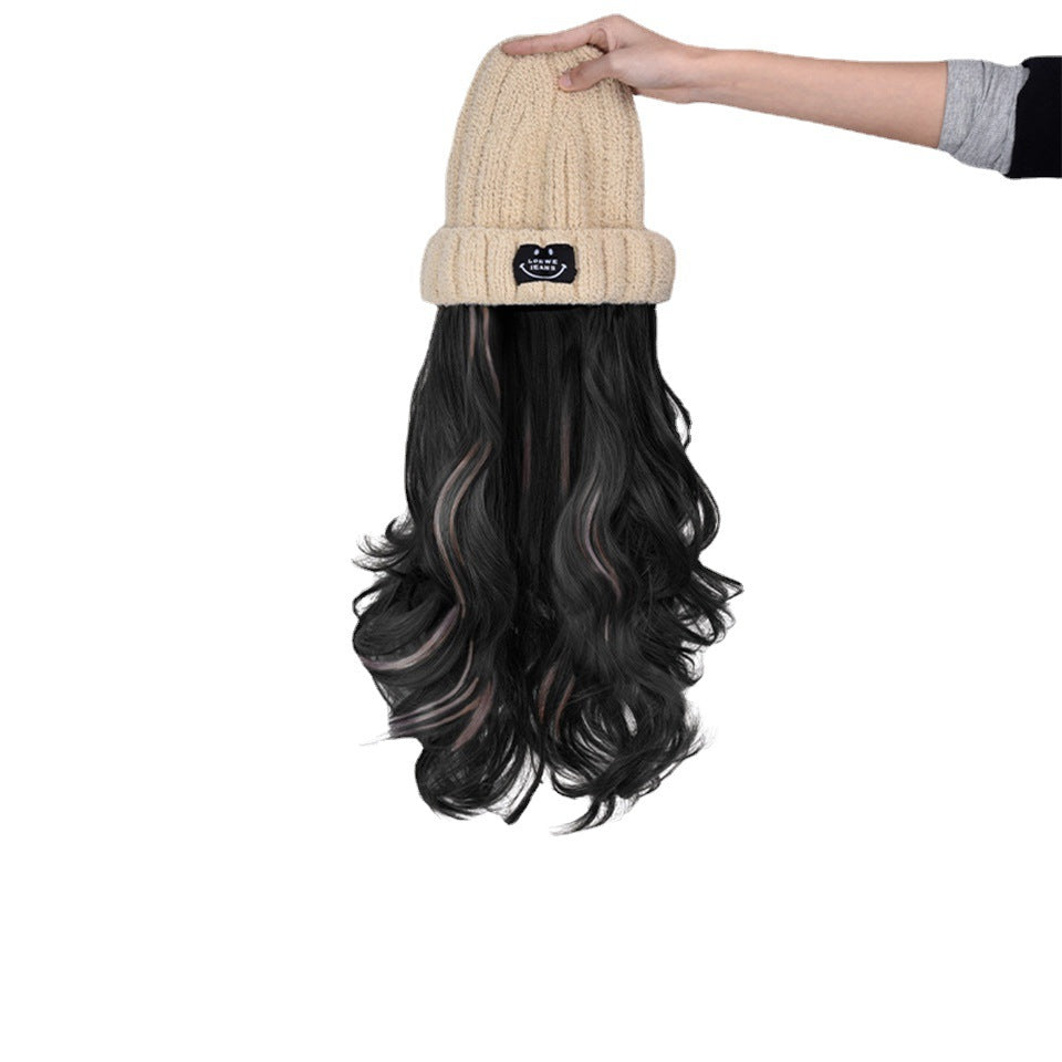 Autumn And Winter Fashion Beige Knit  Pick Dye Gradient Long Curly Hair Hundred Take Wig Hat