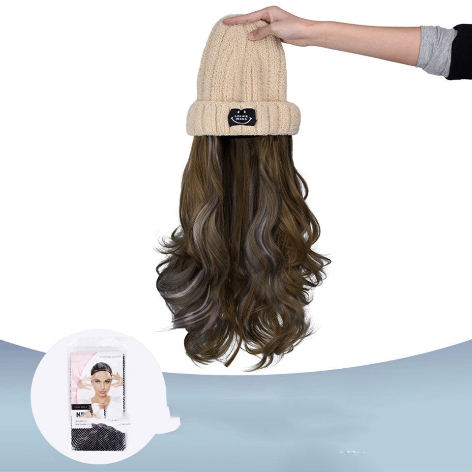 Autumn And Winter Fashion Beige Knit  Pick Dye Gradient Long Curly Hair Hundred Take Wig Hat