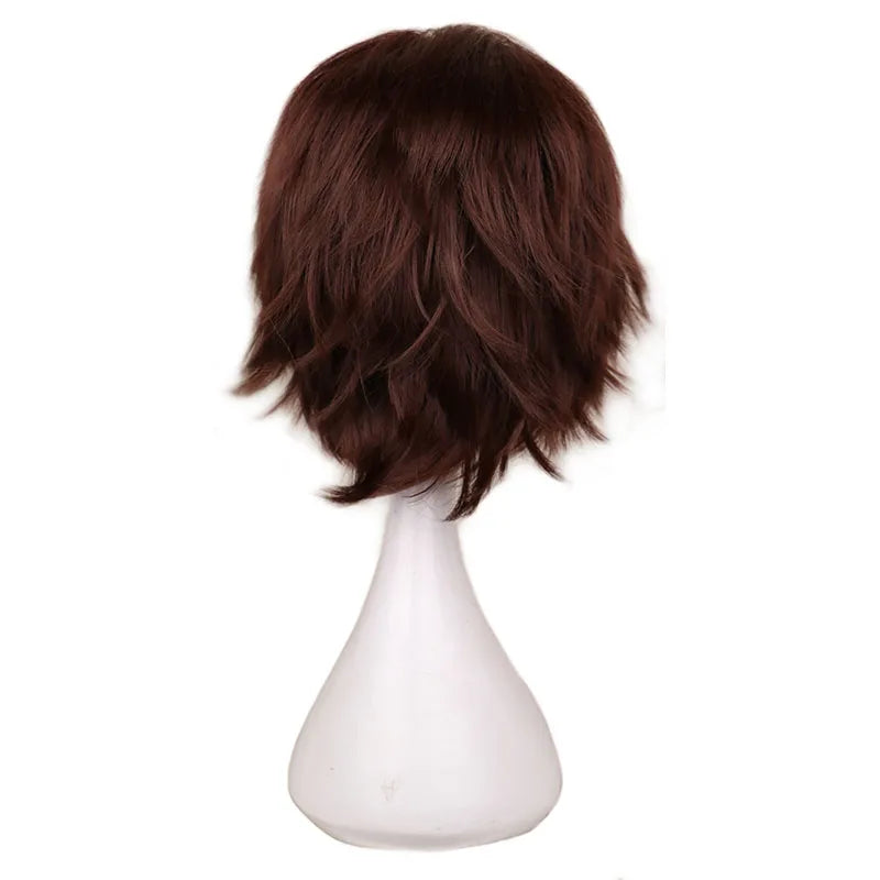 QQXCAIW Short Straight Cosplay Wig Men Dark Brown Synthetic Hair High 100% Temperature Fiber Wigs