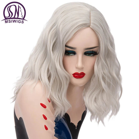MSIWIGS Woman Short Silver White Synthetic Wigs for Women Heat Resistant Cosplay Hair Pink Blonde Wig