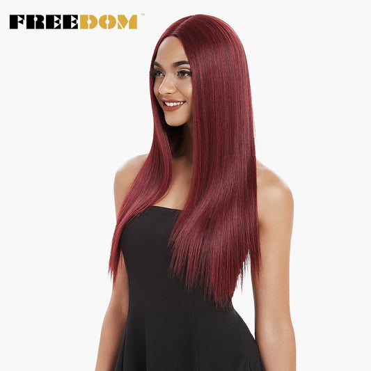 FREEDOM Synthetic Lace Front Wig For Black Women Long Straight Middle Part Wig High Temperature Red Blonde Ginger Cosplay Wigs