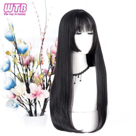 WTB Synthetic Long Straight Hair Black Lolita Wigs with Bangs for Women Fashion Female Cosplay Party Christmas Wigs Multicolor