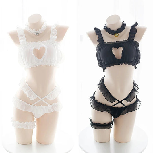 Sexy Heart Hollow Out Women Lingerie Set Lolita Bra Intimates Anime Cosplay Costume Transparent Underwear Bra and Panty Set