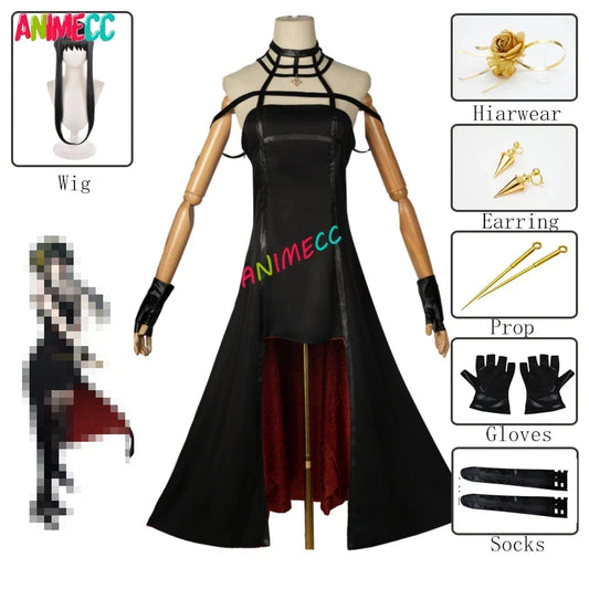 ANIMECC Yor Forger Cosplay Costume Wig  Killer Assassin Gothic Halter Black Dress Prop Halloween Party Outfit for Women Gilrs