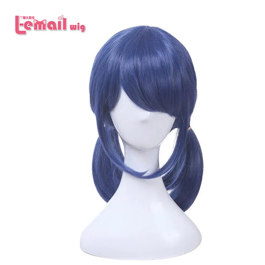 L-email wig Synthetic Hair Marinette Cosplay Wig Dark Blue Double Ponytails Straight Halloween Heat Resistant Women Wigs