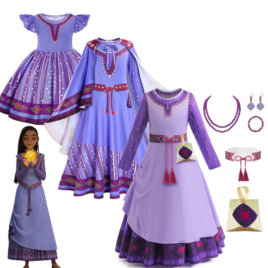 Disney Movie Wish Cosplay Costume for Girls Dahlia Asha Princess Purple Long Dress Kids Boys Cosplay King Masquerade Clothing
