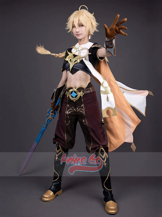 In Stock Genshin Impact Traveler Aether Cosplay Costume Wig Shoes Game Uniform Outfit for Women C00098 AAA