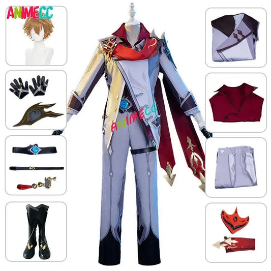 ANIMECC Tartaglia Cosplay Costume Wigs Mask  Anime Game Genshin Impact Tartaglia Uniform Halloween Party Outfit for Men Women