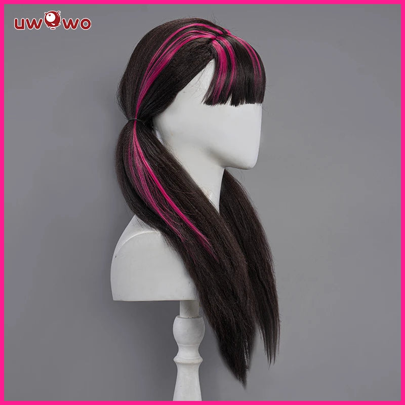 UWOWO Monster High Cosplay Wig Draculaura Wig Long Hair 60CM Long Black Pink Wig Heat Resistant