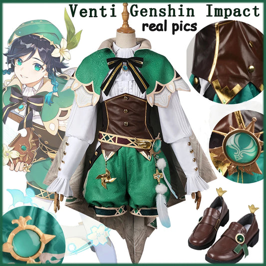 NEW Hot Game Genshin Impact Cosplay Venti Costume Wig Mondstadt Wind God Game Uniform  Lovely Outfit XS-XXL