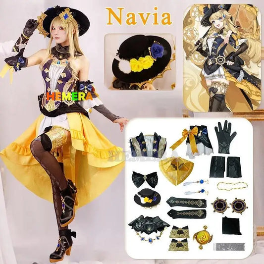 Genshin Impact Navia Cosplay Costume Wig Hat Set Women Dress Uniform Halloween Carnival Party Outfit Uniform With Hat Girls
