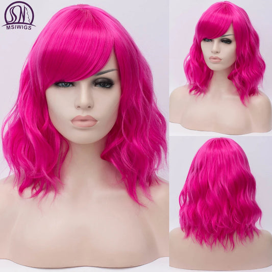 MSIWIGS Short Cosplay Wave Wigs for Women Red Wig with Side Bangs Green Synthetic Hair Wig Heat Resistant