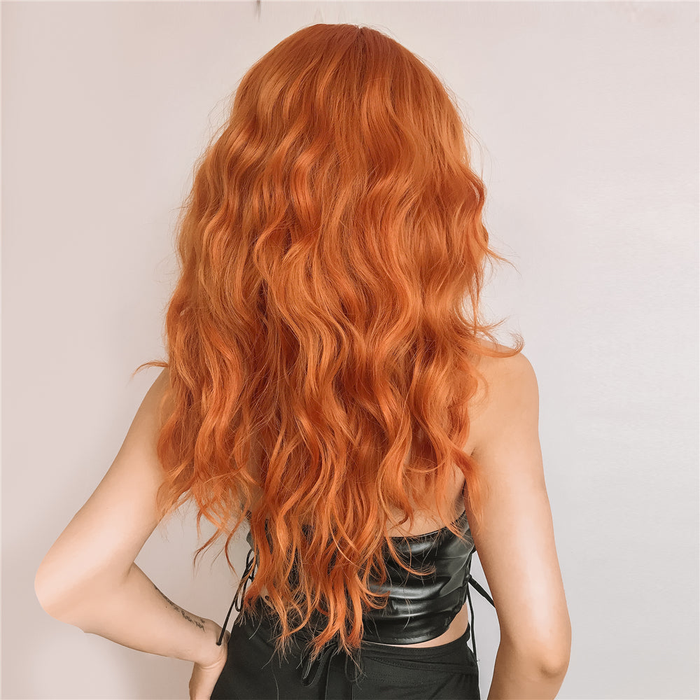 Orange Long Curly Hair With Bangs Wig